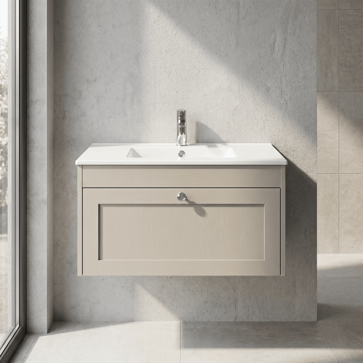 [BFHE3296C] Balterley 800mm Wall Hung 1 Drawer Unit with Minimalist Basin 1 Tap Hole - Pebble Grey - Silo