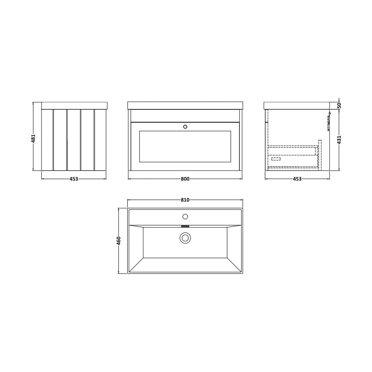 [BFHE3296E] Balterley 800mm Wall Hung 1 Drawer Unit with Thin Edge Basin 1 Tap Hole - Pebble Grey - Technical Drawing