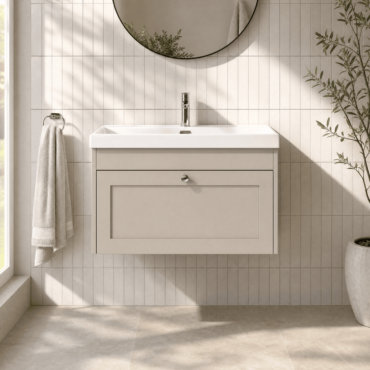 [BFHE3296E] Balterley 800mm Wall Hung 1 Drawer Unit with Thin Edge Basin 1 Tap Hole - Pebble Grey - Lifestyle 1