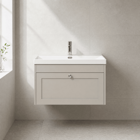 [BFHE3296E] Balterley 800mm Wall Hung 1 Drawer Unit with Thin Edge Basin 1 Tap Hole - Pebble Grey - Silo