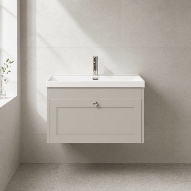 [BFHE3296E] Balterley 800mm Wall Hung 1 Drawer Unit with Thin Edge Basin 1 Tap Hole - Pebble Grey - Silo