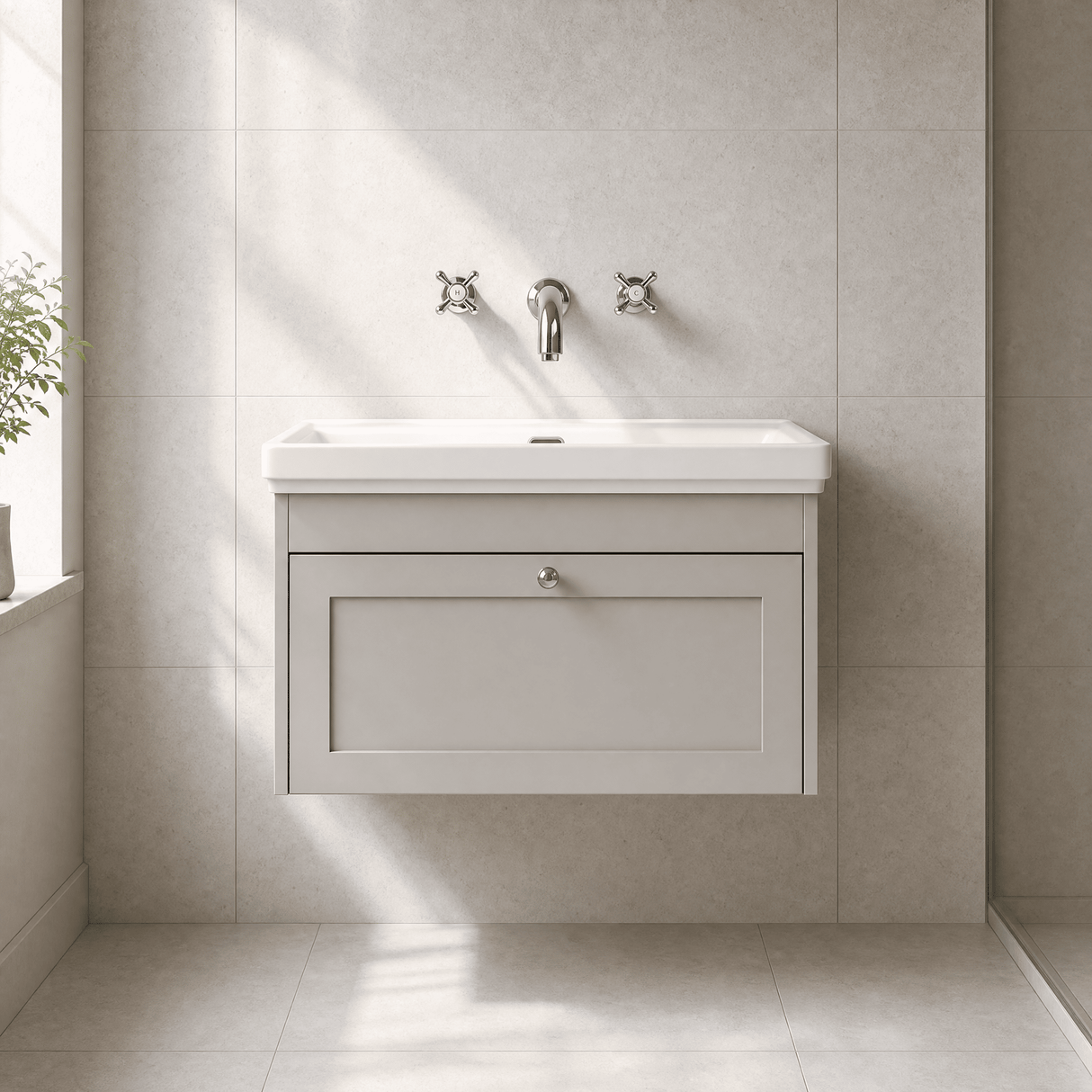 [BFHE3296H] Balterley 800mm Wall Hung 1 Drawer Unit with Classic Basin No Tap Hole - Pebble Grey - Lifestyle 1