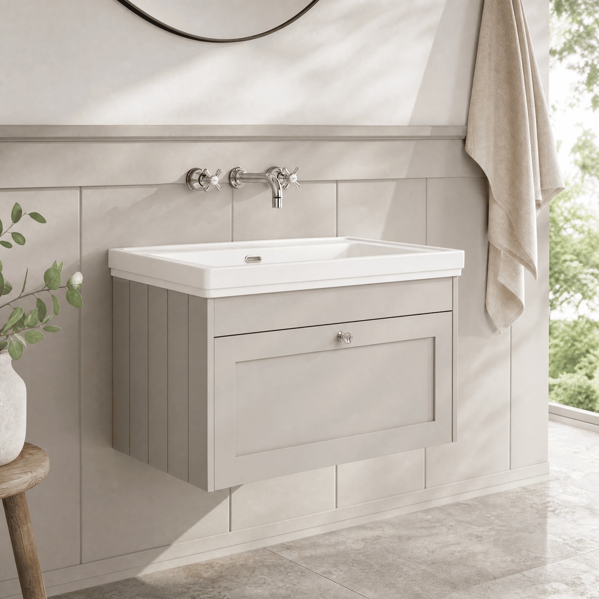 [BFHE3296H] Balterley 800mm Wall Hung 1 Drawer Unit with Classic Basin No Tap Hole - Pebble Grey - Lifestyle 3