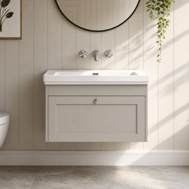 [BFHE3296H] Balterley 800mm Wall Hung 1 Drawer Unit with Classic Basin No Tap Hole - Pebble Grey - Silo