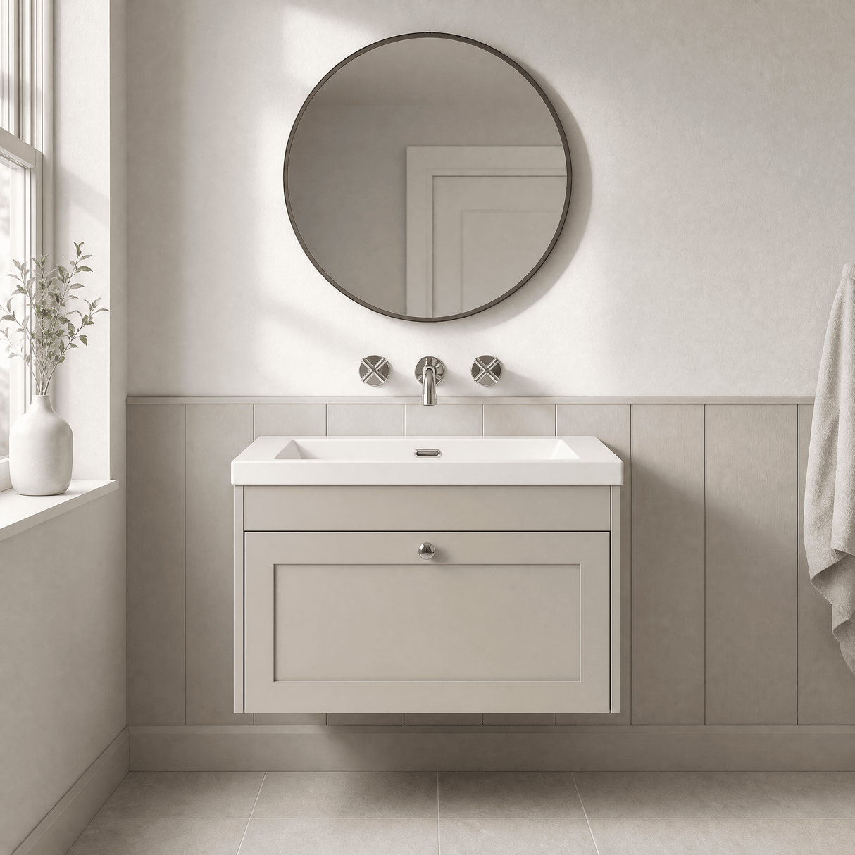 [BFHE3296K] Balterley 800mm Wall Hung 1 Drawer Unit with Minimalist Basin No Tap Hole - Pebble Grey - Lifestyle 1