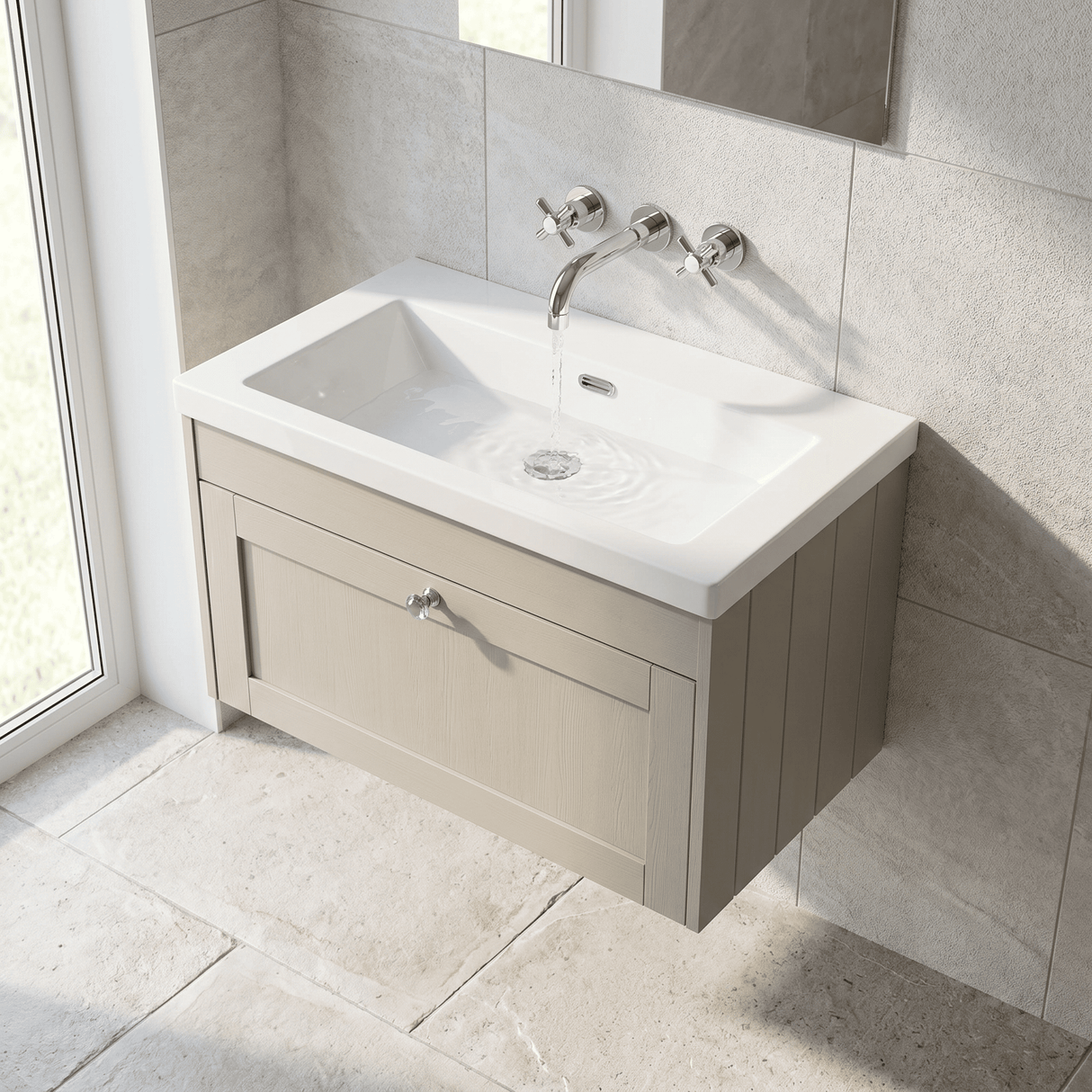 [BFHE3296K] Balterley 800mm Wall Hung 1 Drawer Unit with Minimalist Basin No Tap Hole - Pebble Grey - Lifestyle 2