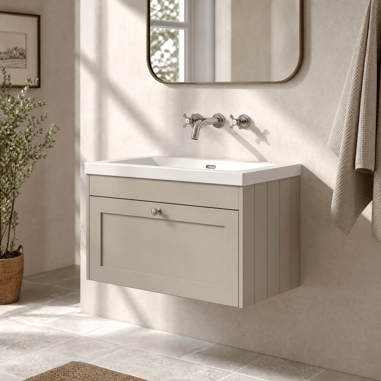 [BFHE3296K] Balterley 800mm Wall Hung 1 Drawer Unit with Minimalist Basin No Tap Hole - Pebble Grey - Lifestyle 3