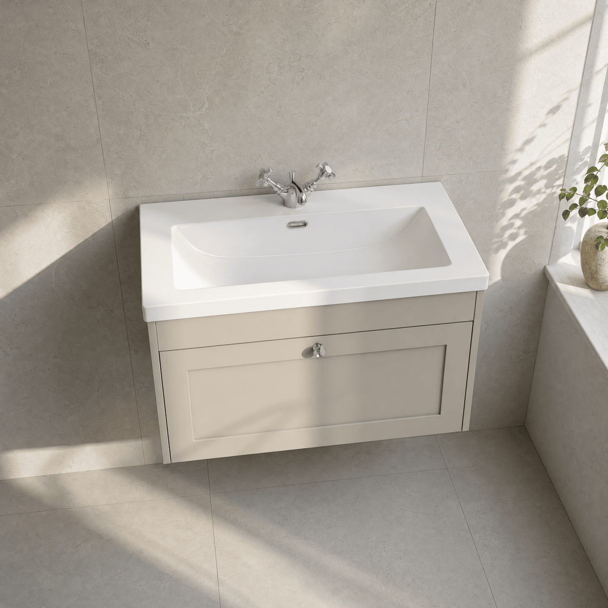 [BFHE3296L] Balterley 800mm Wall Hung 1 Drawer Unit & Minimalist Basin 1 Tap Hole - Pebble Grey - Lifestyle 2