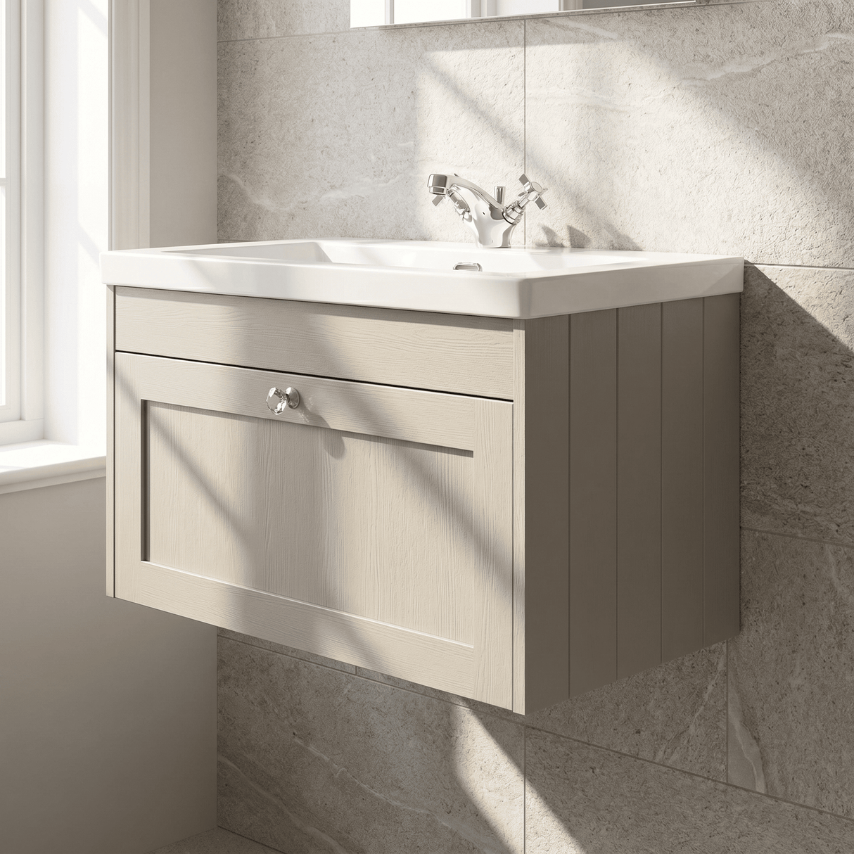 [BFHE3296L] Balterley 800mm Wall Hung 1 Drawer Unit & Minimalist Basin 1 Tap Hole - Pebble Grey - Lifestyle 3