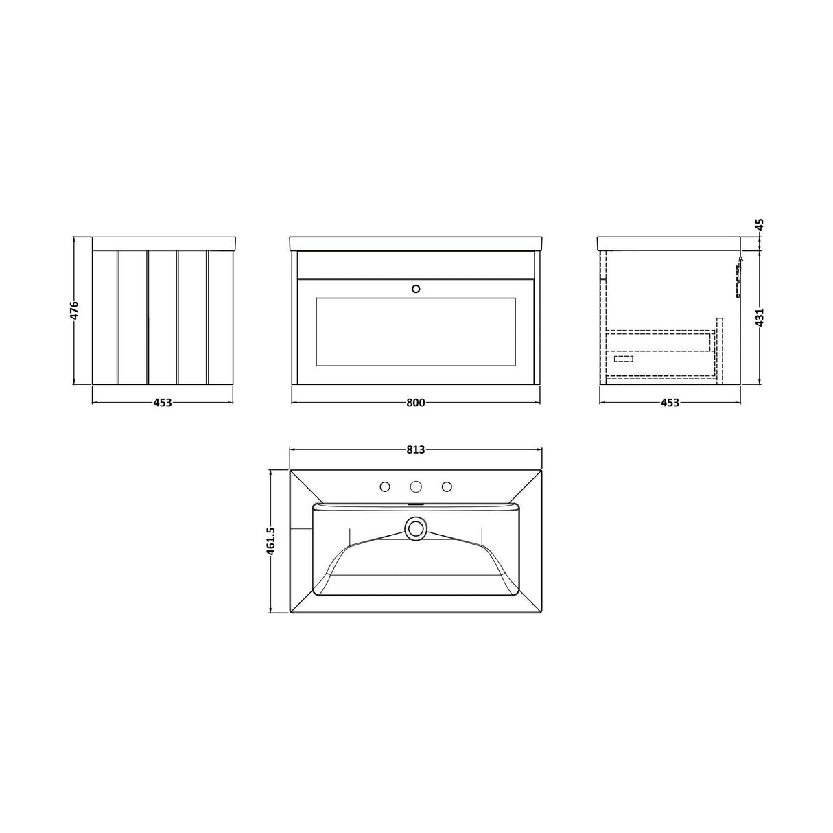 [BFHE3296M] Balterley 800mm Wall Hung 1 Drawer Unit with Minimalist Basin 3 Tap Hole - Pebble Grey - Technical Drawing