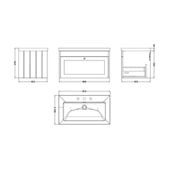 [BFHE3296M] Balterley 800mm Wall Hung 1 Drawer Unit with Minimalist Basin 3 Tap Hole - Pebble Grey - Technical Drawing