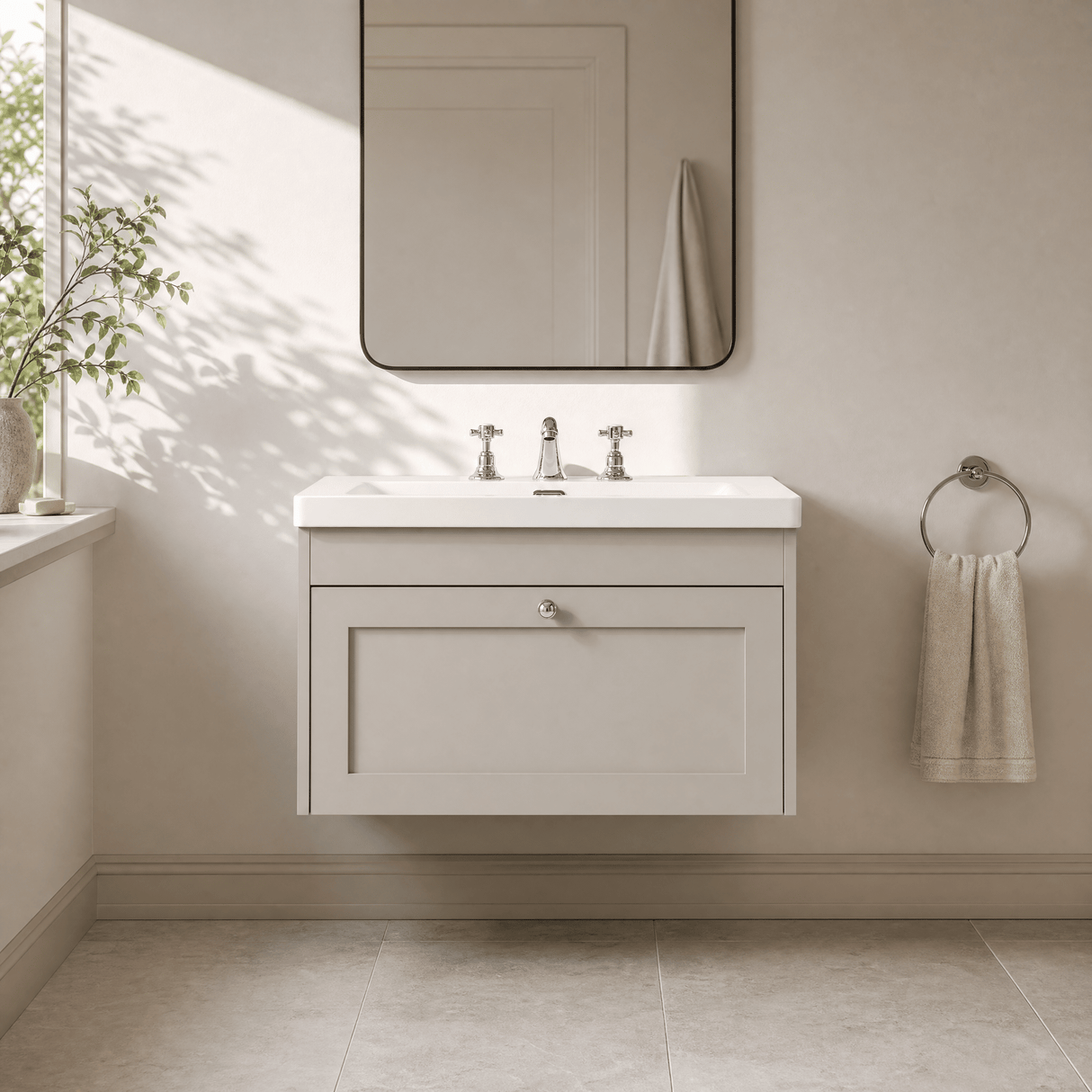 [BFHE3296M] Balterley 800mm Wall Hung 1 Drawer Unit with Minimalist Basin 3 Tap Hole - Pebble Grey - Lifestyle 1