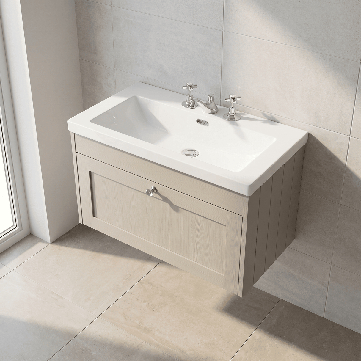 [BFHE3296M] Balterley 800mm Wall Hung 1 Drawer Unit with Minimalist Basin 3 Tap Hole - Pebble Grey - Lifestyle 2
