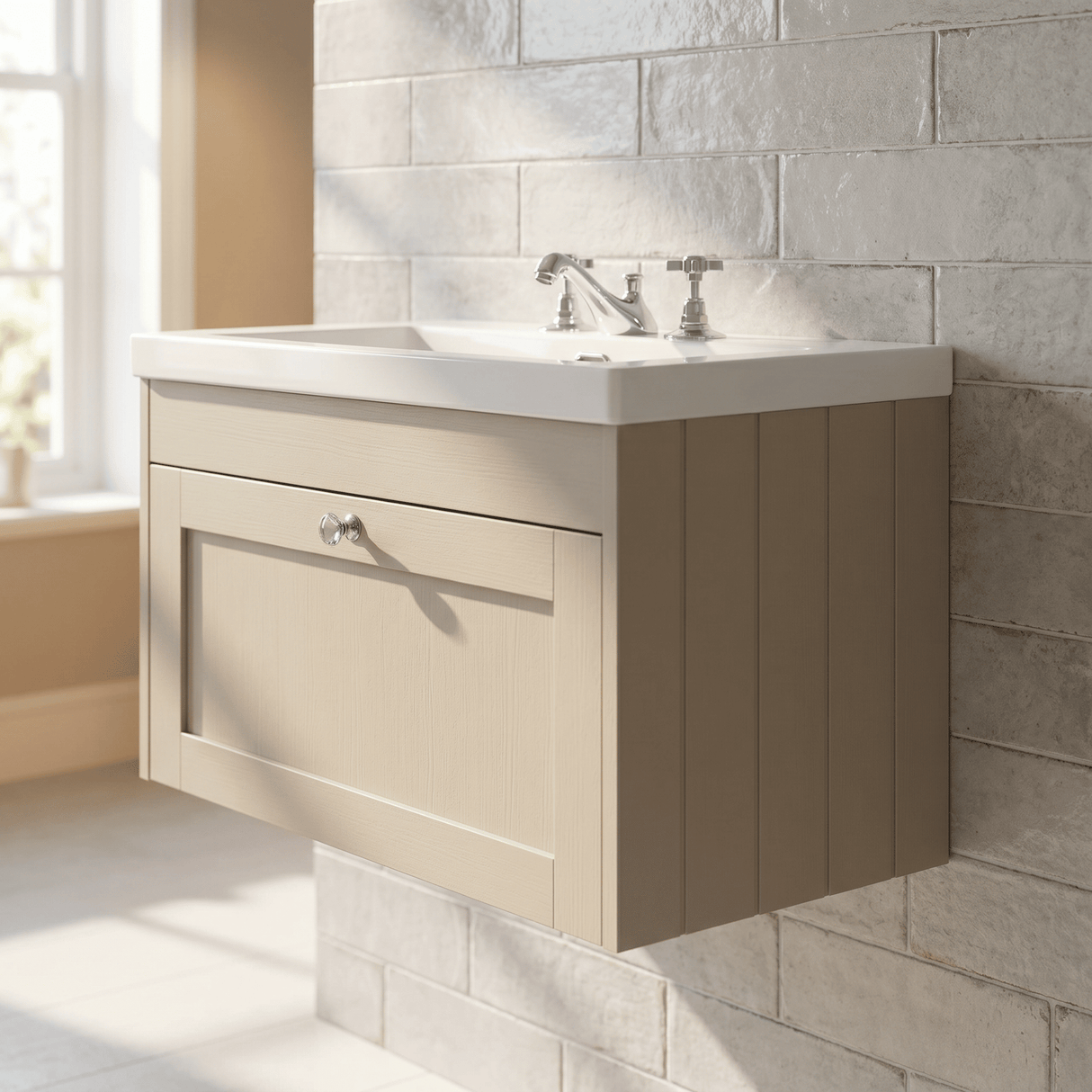 [BFHE3296M] Balterley 800mm Wall Hung 1 Drawer Unit with Minimalist Basin 3 Tap Hole - Pebble Grey - Lifestyle 3