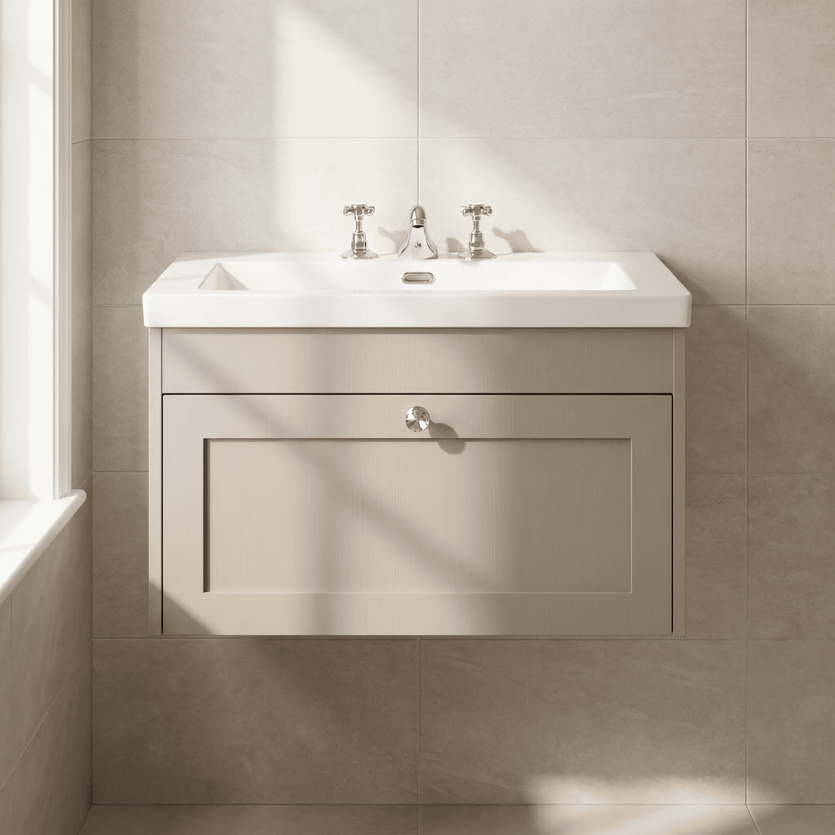 [BFHE3296M] Balterley 800mm Wall Hung 1 Drawer Unit with Minimalist Basin 3 Tap Hole - Pebble Grey - Silo