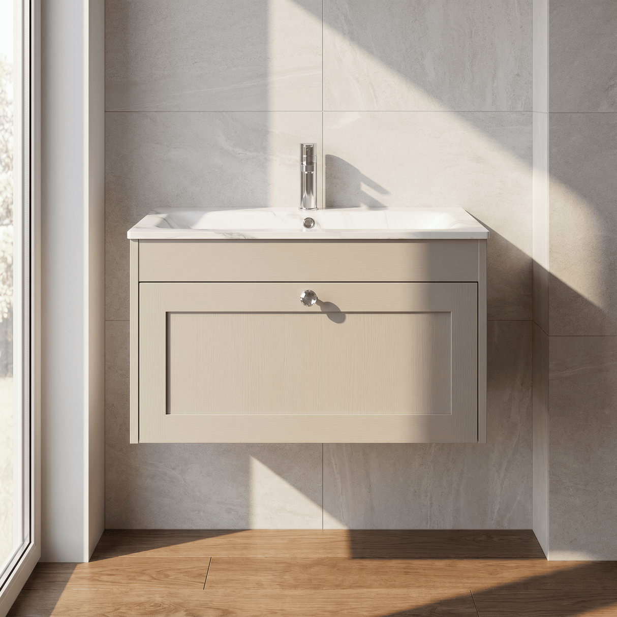 [BFHE3296Q] Balterley 800mm Wall Hung 1 Drawer Unit with Stone Basin 1 Tap Hole, Pebble Grey - Lifestyle 1
