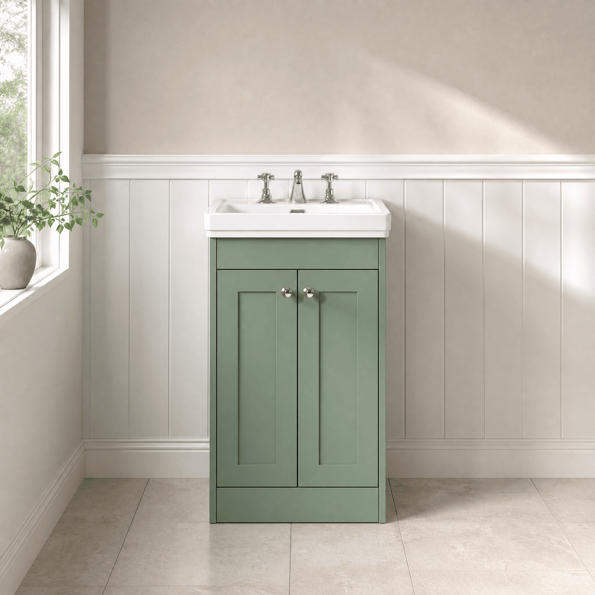 [BFHE823B] Balterley 500mm Floor Standing 2 Door Unit with Classic Basin 3 Tap Hole - Satin Green - Silo