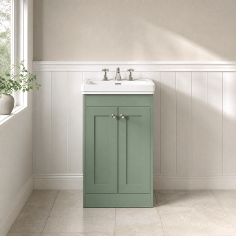 [BFHE823B] Balterley 500mm Floor Standing 2 Door Unit with Classic Basin 3 Tap Hole - Satin Green - Silo