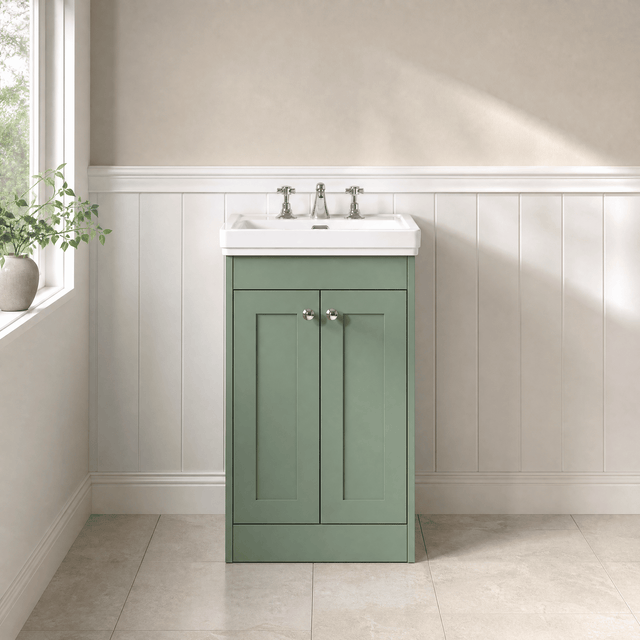 [BFHE823B] Balterley 500mm Floor Standing 2 Door Unit with Classic Basin 3 Tap Hole - Satin Green - Silo