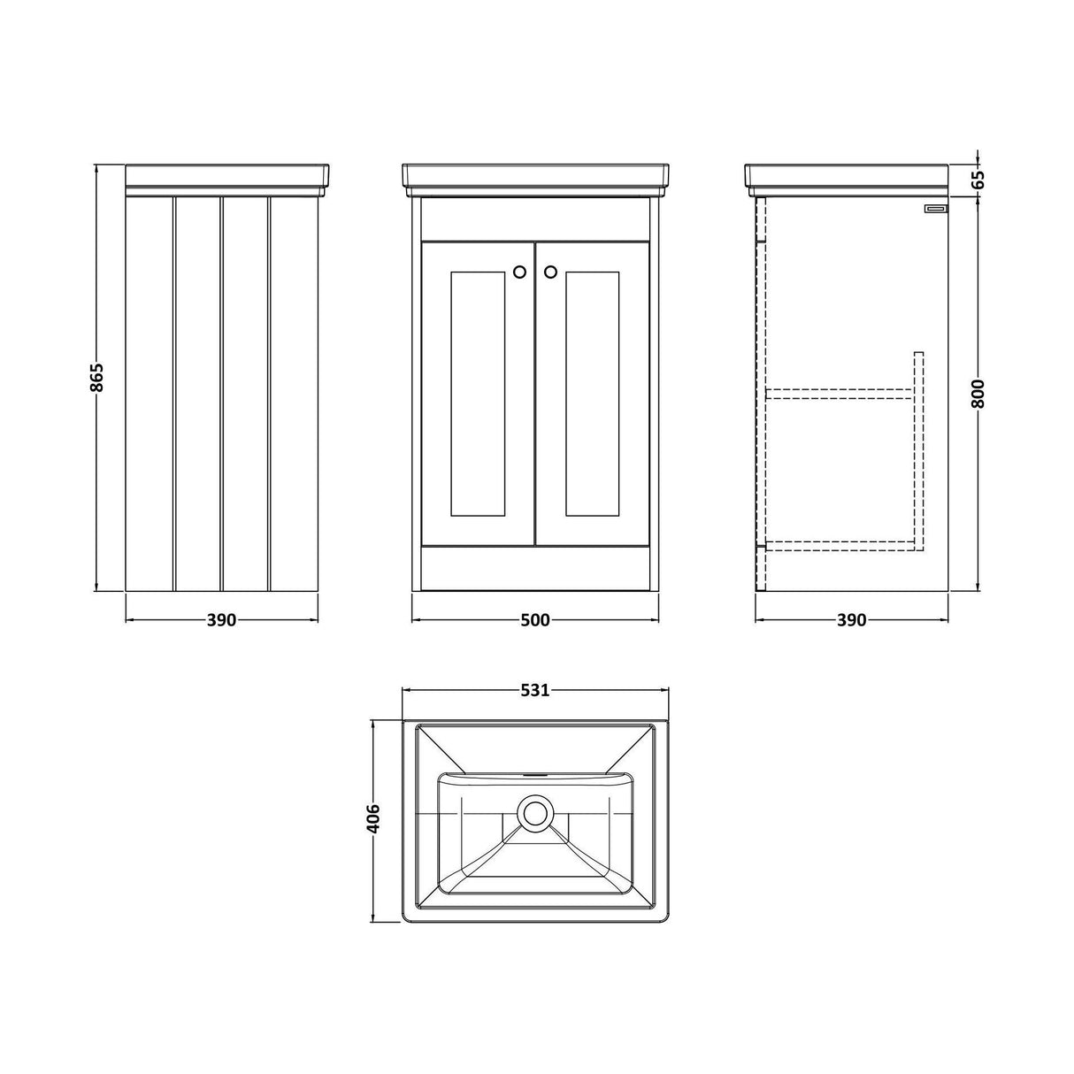 [BFHE823H] Balterley 500mm Floor Standing 2 Door Unit with Classic Basin No Tap Hole - Satin Green - Technical Drawing