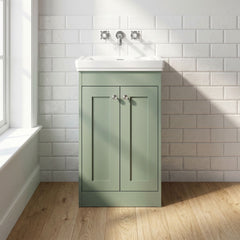 [BFHE823H] Balterley 500mm Floor Standing 2 Door Unit with Classic Basin No Tap Hole - Satin Green - Lifestyle 1