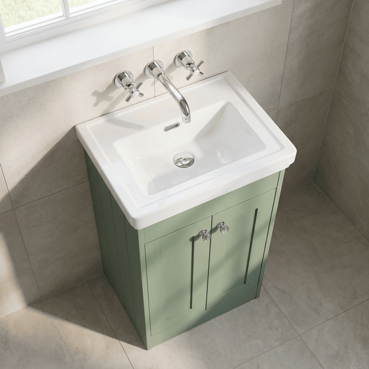 [BFHE823H] Balterley 500mm Floor Standing 2 Door Unit with Classic Basin No Tap Hole - Satin Green - Lifestyle 2