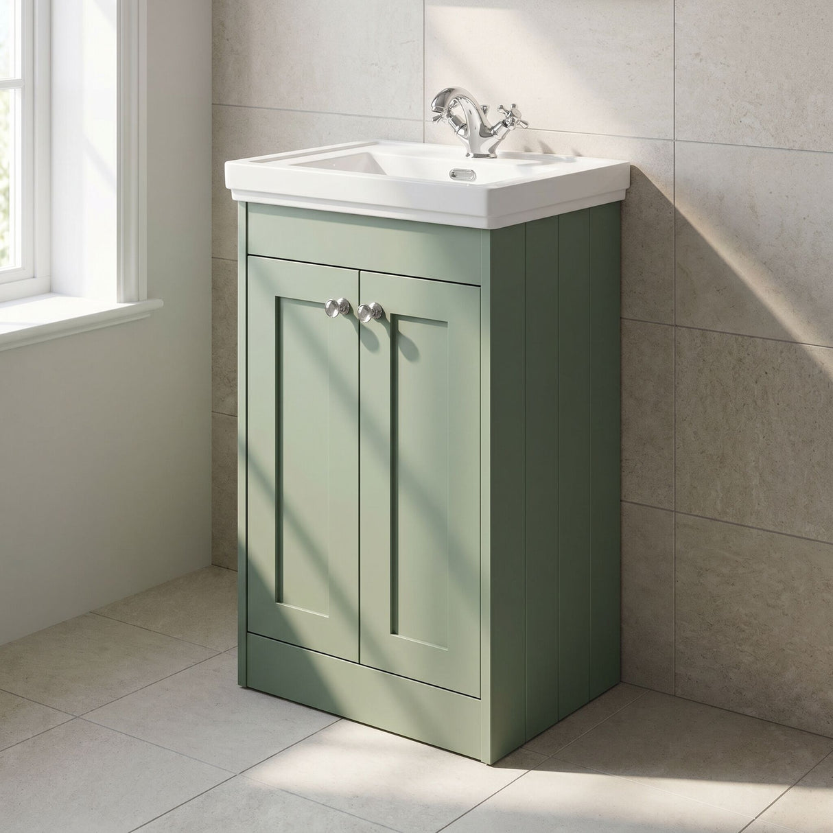 [BFHE823H] Balterley 500mm Floor Standing 2 Door Unit with Classic Basin No Tap Hole - Satin Green - Lifestyle 3