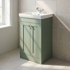 [BFHE823H] Balterley 500mm Floor Standing 2 Door Unit with Classic Basin No Tap Hole - Satin Green - Lifestyle 3
