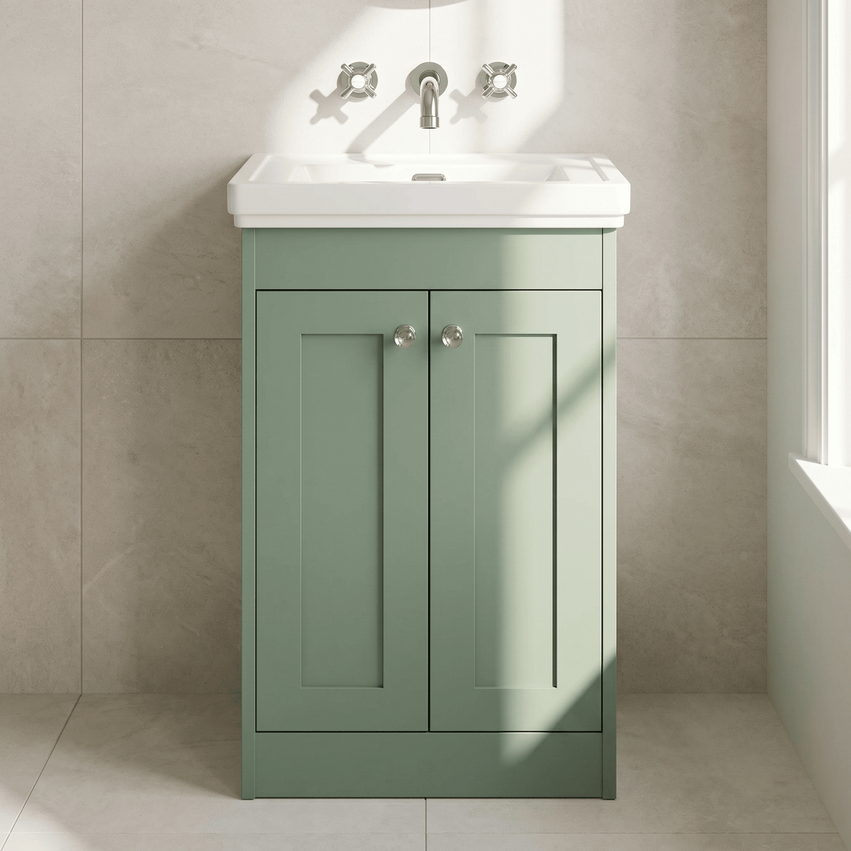 [BFHE823H] Balterley 500mm Floor Standing 2 Door Unit with Classic Basin No Tap Hole - Satin Green - Silo