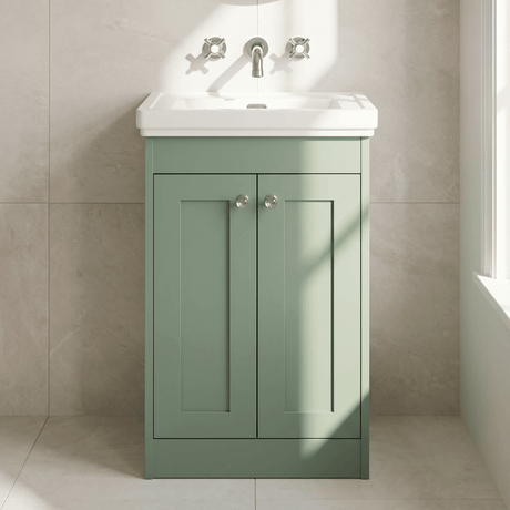[BFHE823H] Balterley 500mm Floor Standing 2 Door Unit with Classic Basin No Tap Hole - Satin Green - Silo