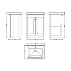 [BFHE825A] Balterley 600mm Floor Standing 2 Door Unit with Classic Basin 1 Tap Hole - Satin Green - Technical Drawing