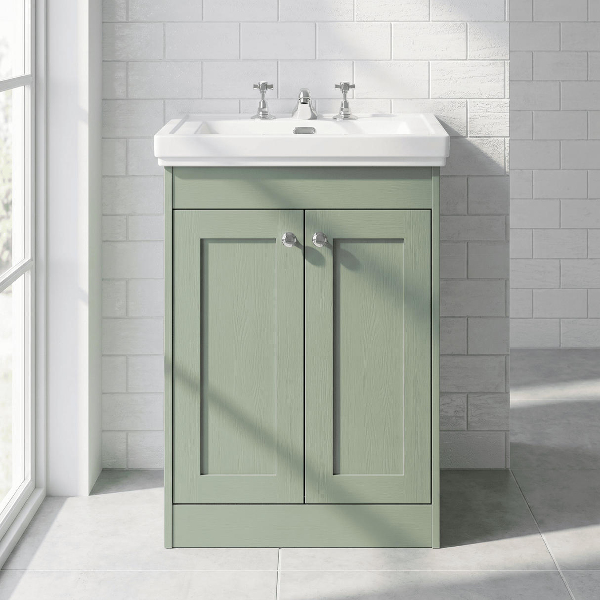 [BFHE825B] Balterley 600mm Floor Standing 2 Door Unit with Classic Basin 3 Tap Hole - Satin Green - Lifestyle 1