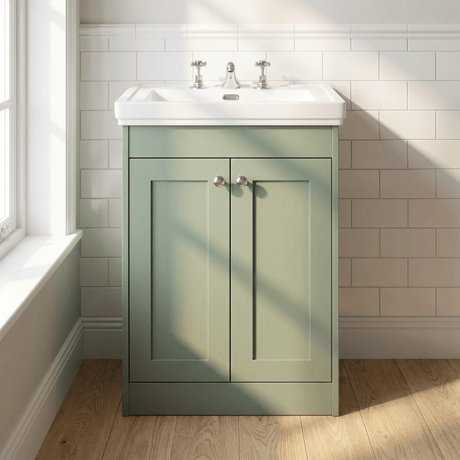 [BFHE825B] Balterley 600mm Floor Standing 2 Door Unit with Classic Basin 3 Tap Hole - Satin Green - Silo