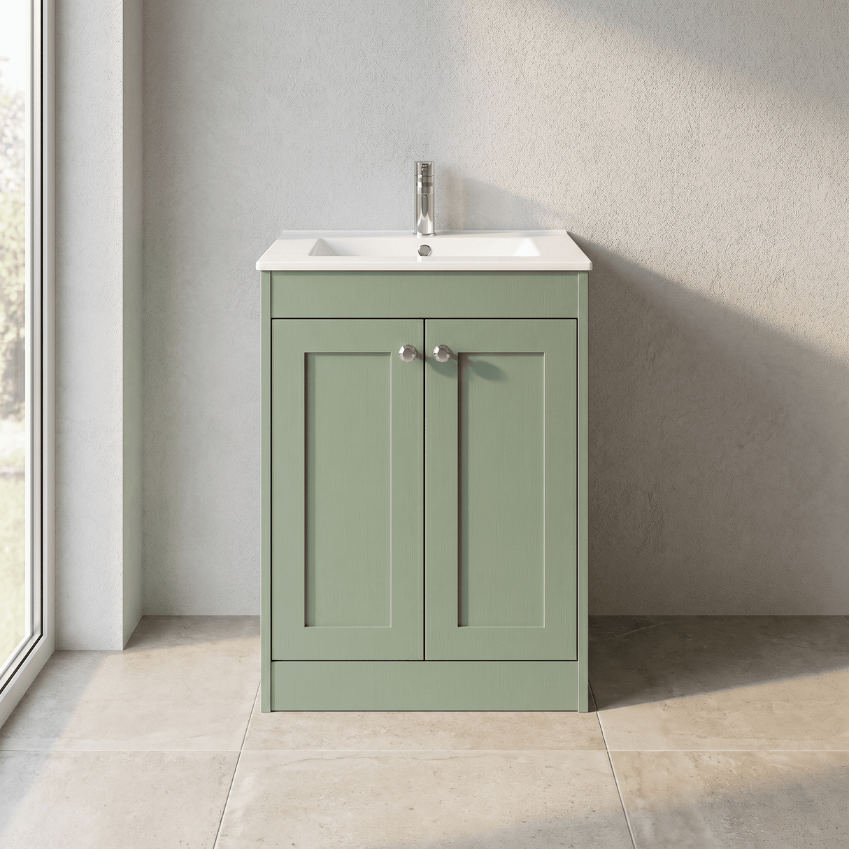 [BFHE825C] Balterley 600mm Floor Standing 2 Door Unit with Minimalist Basin 1 Tap Hole - Satin Green - Lifestyle 1