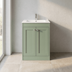 [BFHE825C] Balterley 600mm Floor Standing 2 Door Unit with Minimalist Basin 1 Tap Hole - Satin Green - Lifestyle 1