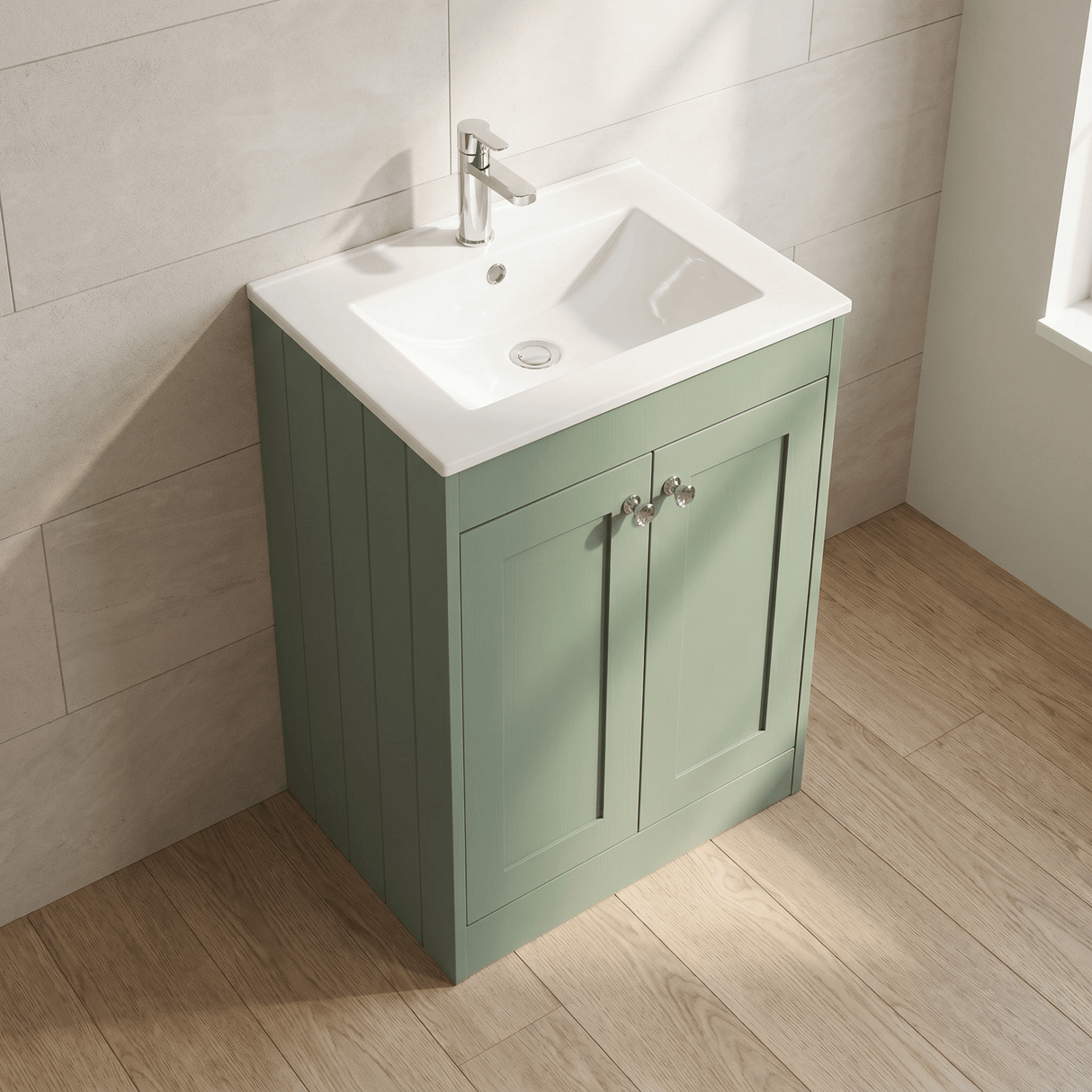 [BFHE825C] Balterley 600mm Floor Standing 2 Door Unit with Minimalist Basin 1 Tap Hole - Satin Green - Lifestyle 2