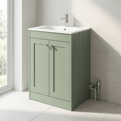 [BFHE825C] Balterley 600mm Floor Standing 2 Door Unit with Minimalist Basin 1 Tap Hole - Satin Green - Lifestyle 3