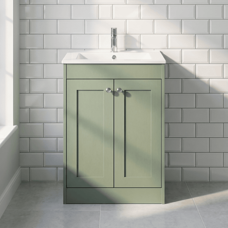 [BFHE825C] Balterley 600mm Floor Standing 2 Door Unit with Minimalist Basin 1 Tap Hole - Satin Green - Silo