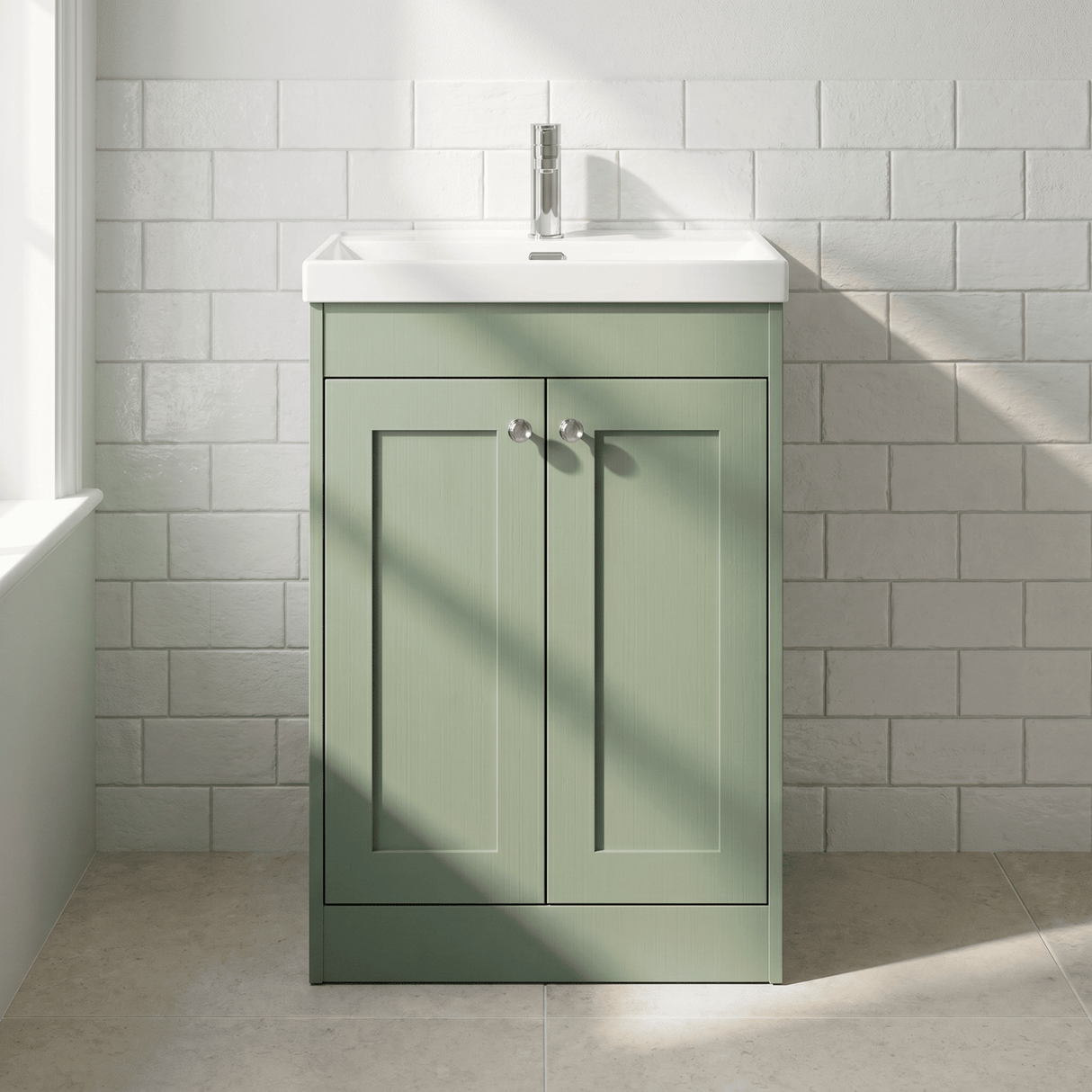 [BFHE825E] Balterley 600mm Floor Standing 2 Door Unit with Thin Edge Basin 1 Tap Hole - Satin Green - Lifestyle 1