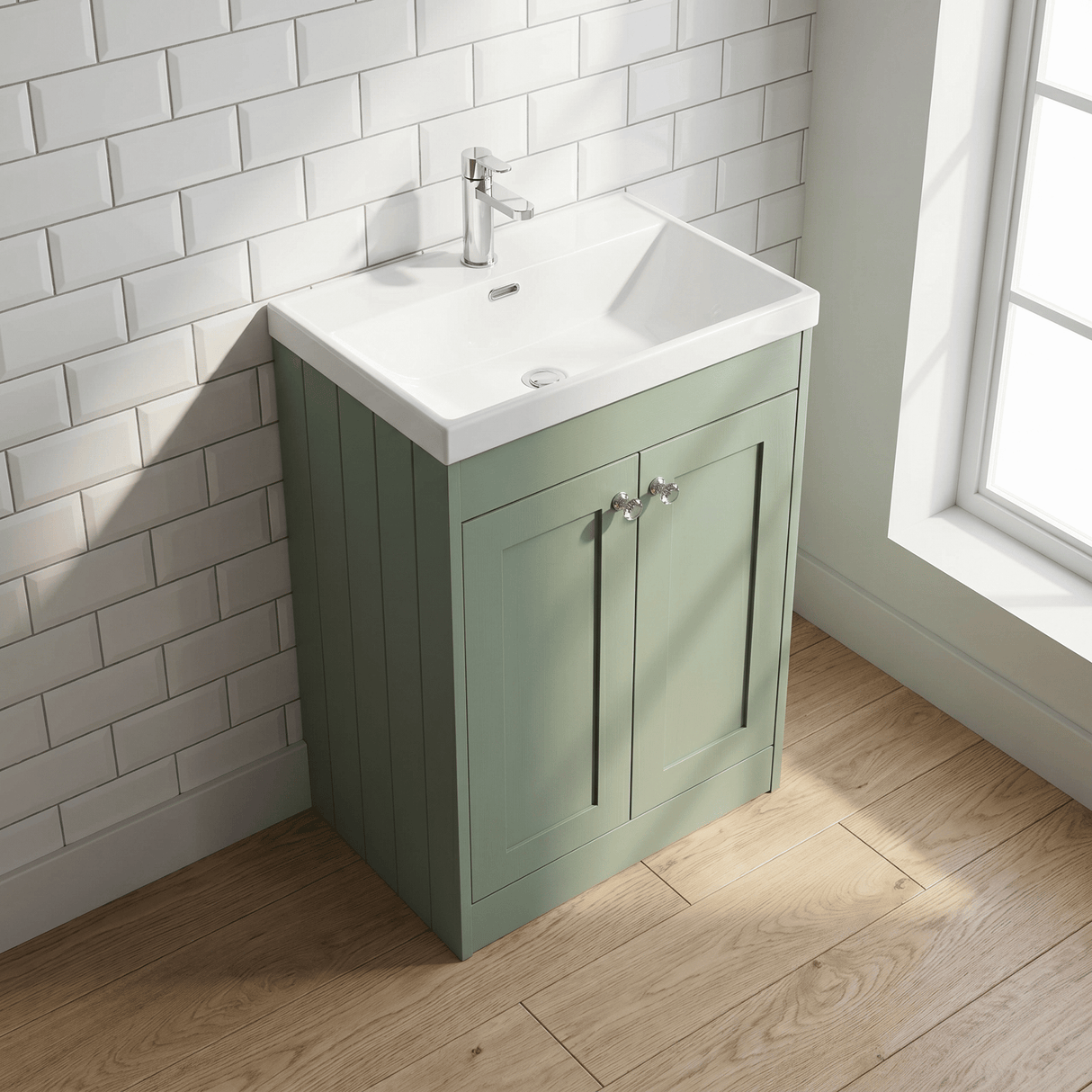 [BFHE825E] Balterley 600mm Floor Standing 2 Door Unit with Thin Edge Basin 1 Tap Hole - Satin Green - Lifestyle 2
