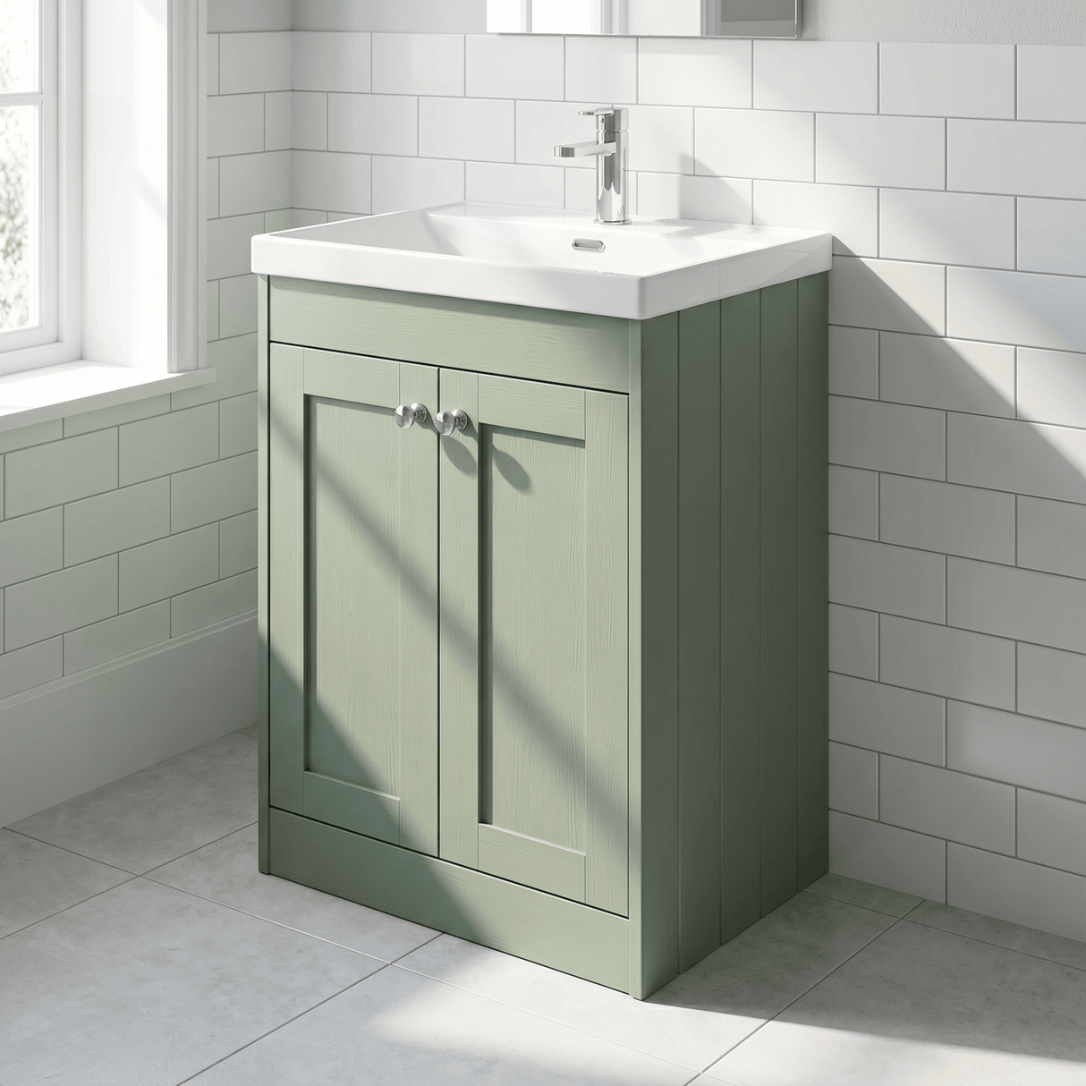 [BFHE825E] Balterley 600mm Floor Standing 2 Door Unit with Thin Edge Basin 1 Tap Hole - Satin Green - Lifestyle 3