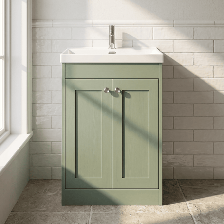 [BFHE825E] Balterley 600mm Floor Standing 2 Door Unit with Thin Edge Basin 1 Tap Hole - Satin Green - Silo