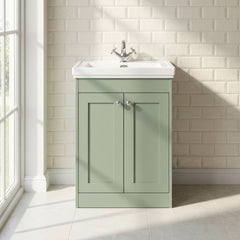 [BFHE825H] Balterley 600mm Floor Standing 2 Door Unit with Classic Basin No Tap Hole - Satin Green - Lifestyle 1