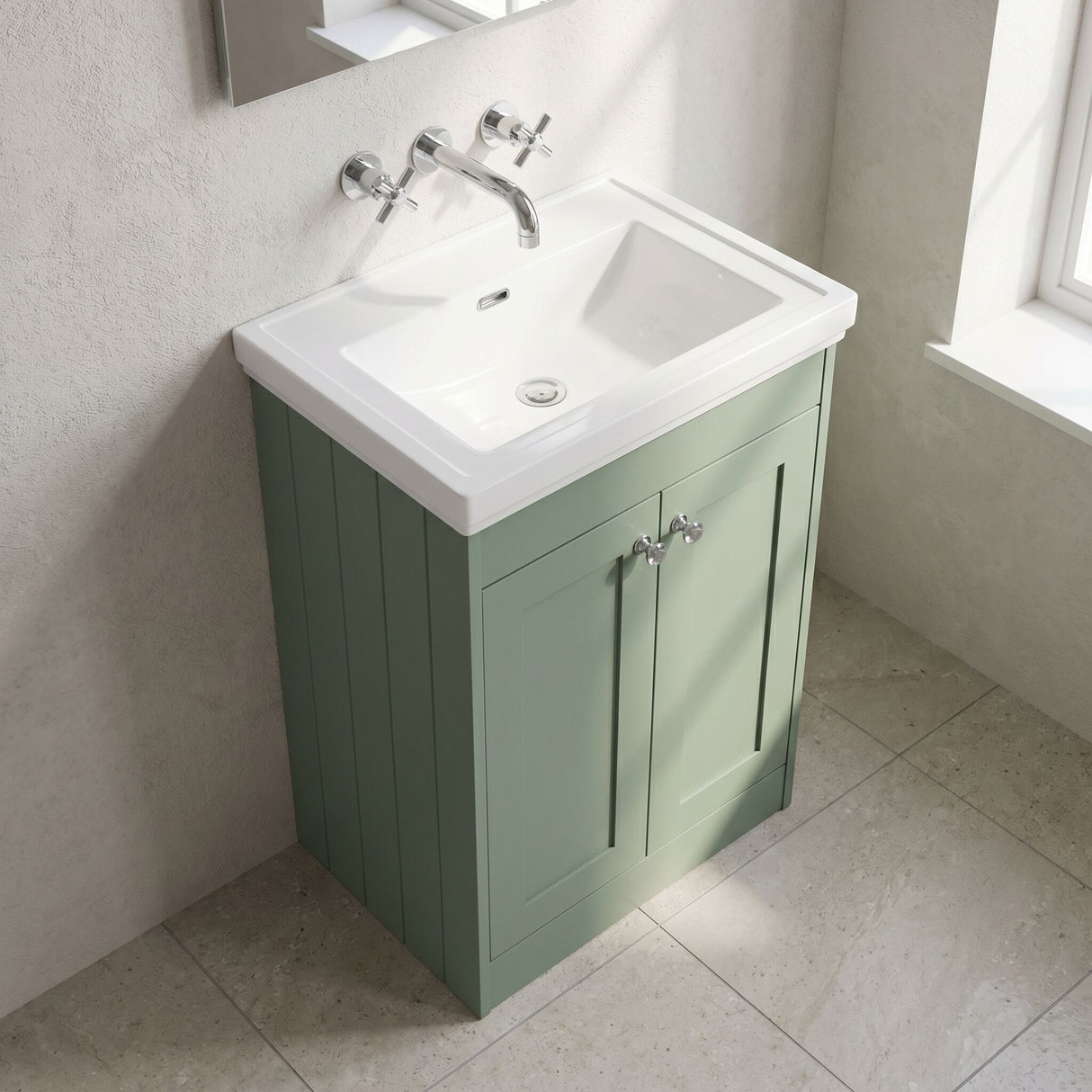 [BFHE825H] Balterley 600mm Floor Standing 2 Door Unit with Classic Basin No Tap Hole - Satin Green - Lifestyle 2
