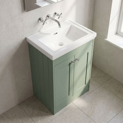 [BFHE825H] Balterley 600mm Floor Standing 2 Door Unit with Classic Basin No Tap Hole - Satin Green - Lifestyle 2