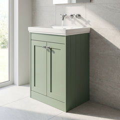 [BFHE825H] Balterley 600mm Floor Standing 2 Door Unit with Classic Basin No Tap Hole - Satin Green - Lifestyle 3