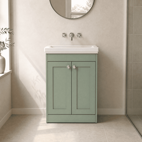 [BFHE825H] Balterley 600mm Floor Standing 2 Door Unit with Classic Basin No Tap Hole - Satin Green - Silo