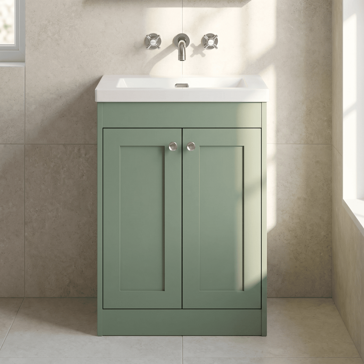 [BFHE825K] Balterley 600mm Floor Standing 2 Door Unit with Minimalist Basin No Tap Hole - Satin Green - Lifestyle 1