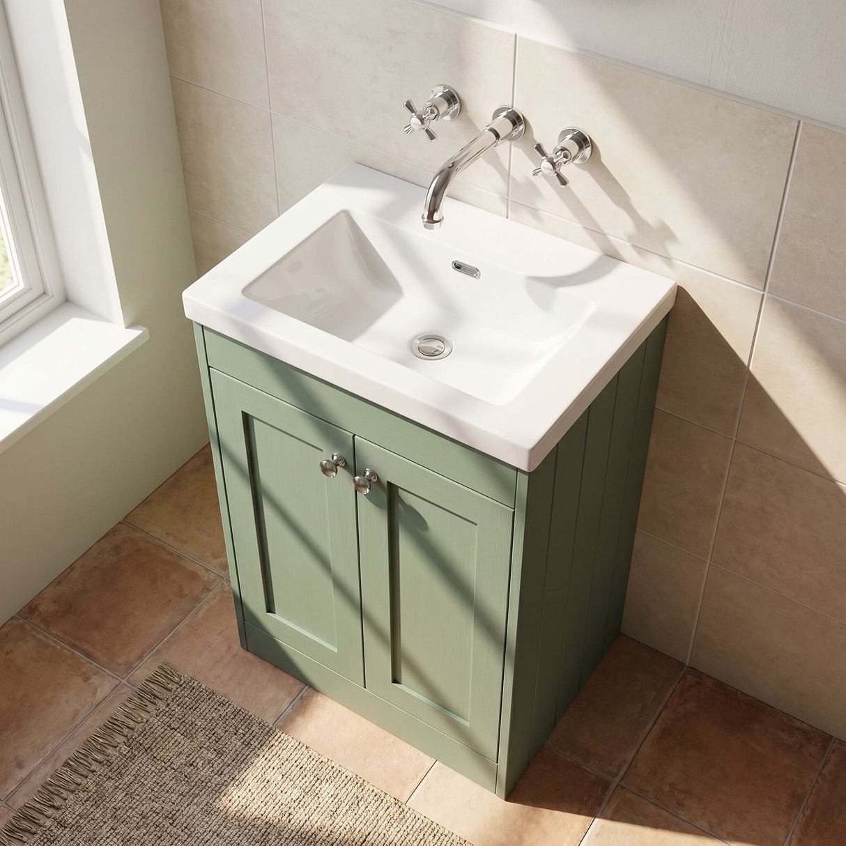 [BFHE825K] Balterley 600mm Floor Standing 2 Door Unit with Minimalist Basin No Tap Hole - Satin Green - Lifestyle 2