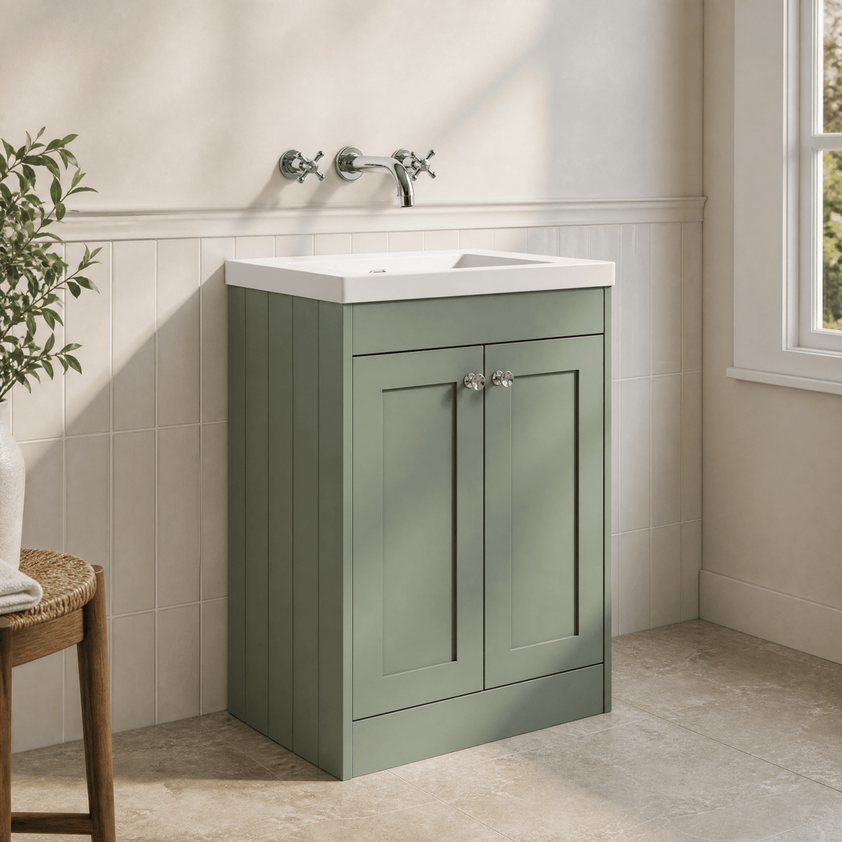 [BFHE825K] Balterley 600mm Floor Standing 2 Door Unit with Minimalist Basin No Tap Hole - Satin Green - Lifestyle 3